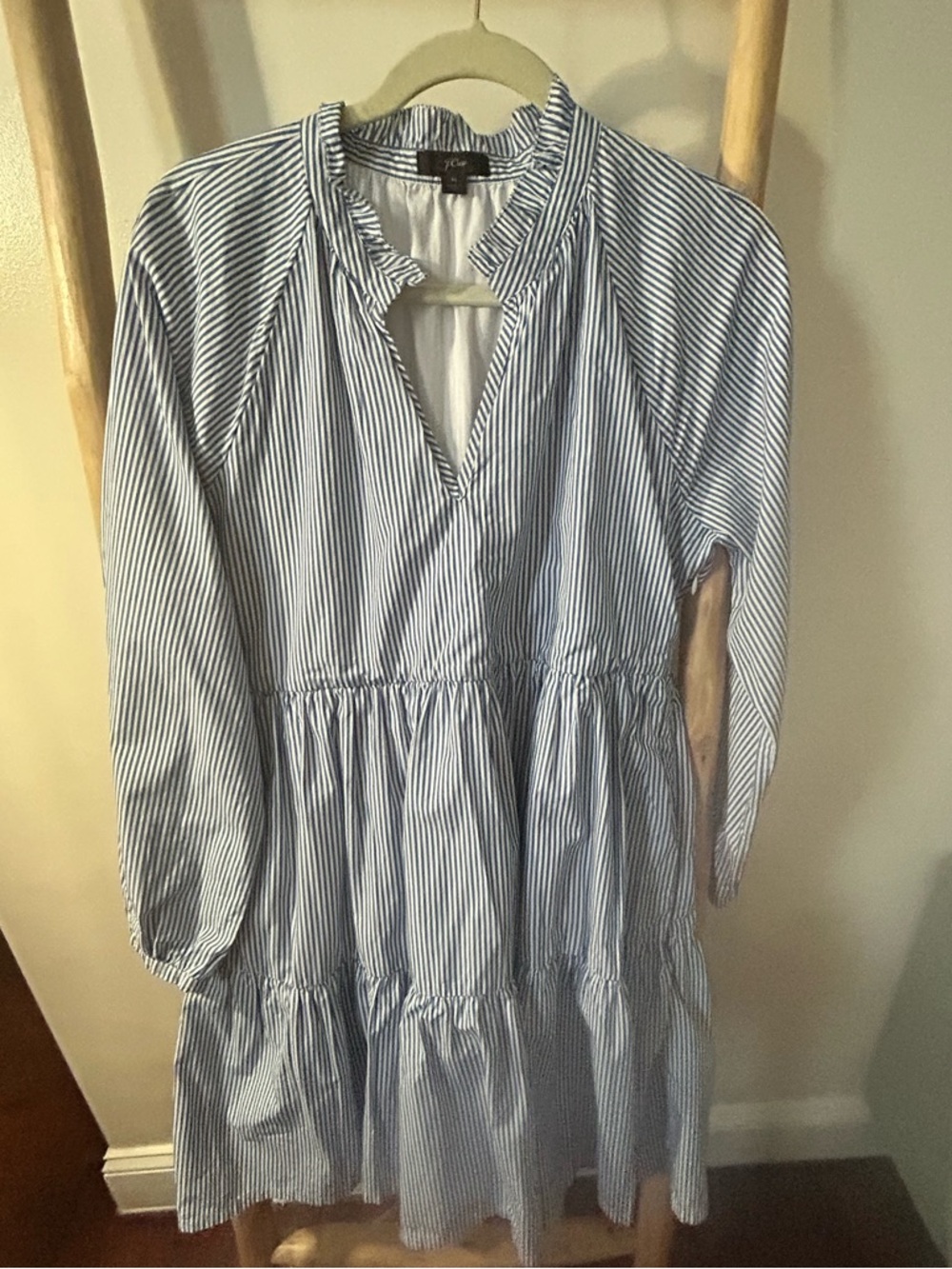 J crew Blue and White Pinstripe Tiered  Dress with Ruffle Collar